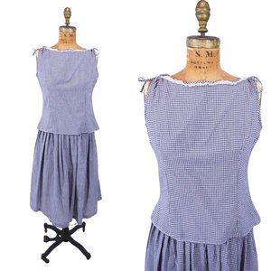 Vintage 50s Checkered Summer Set Black Top Full Skirt | W 25"